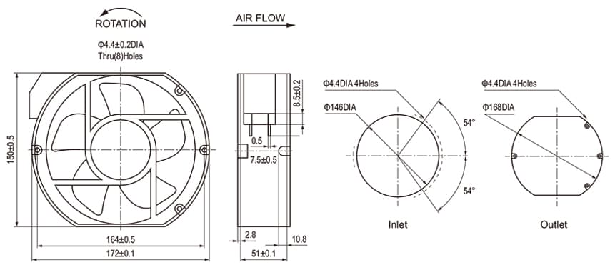 Quạt tủ điện NA17050 – 172×150×50mm, 319–399m³/h, vòng bi ball bearing 1 kích thước NA17050