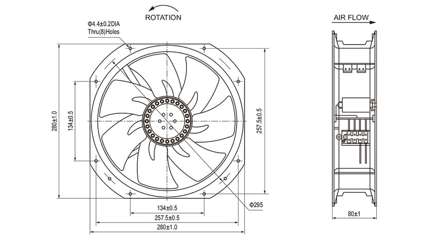 Quạt tủ điện NA28080 – 280×280×80mm, airflow 2.570m³/h, vòng bi Ball bearing 1 KÍCH THƯỚC NA28080