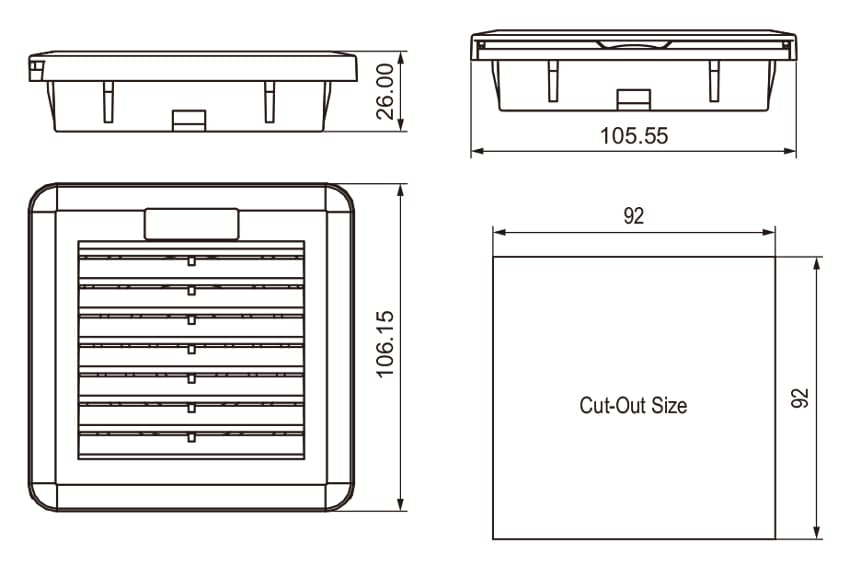 Quạt lọc tủ điện NTL-SFF106 – Kiểu trượt, IP54, G4 filter, tuổi thọ 50000h 1 kích thước quạt tủ điện NTL-SFF106