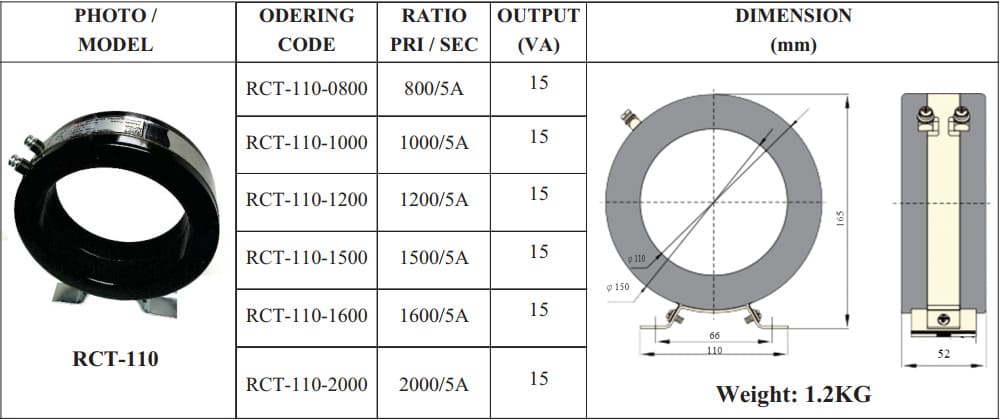 Biến Dòng RCT-110 ILEC – CT Vòng Dây Ø110mm Chính Xác Cao 1 kích thước biến dòng RCT-110 ILEC