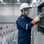 Kỹ thuật viên điện mặc PPE kiểm tra không điện tại tủ điện đã khóa và gắn thẻ trong nhà máy