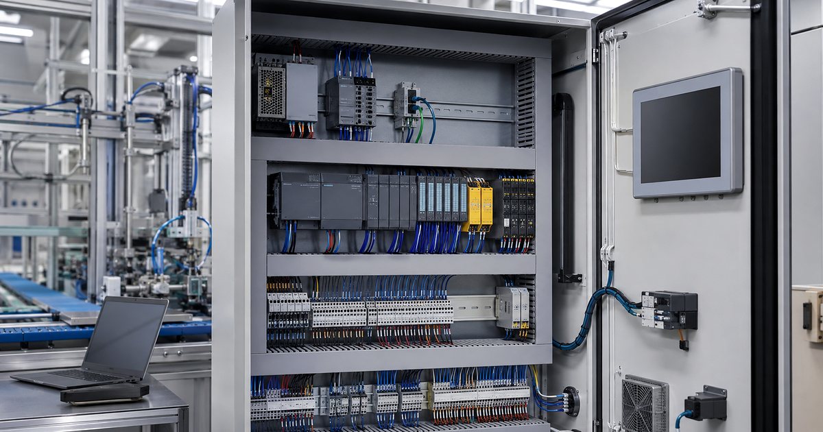 PLC, module I O, nguồn 24VDC và HMI trong tủ điều khiển dây chuyền