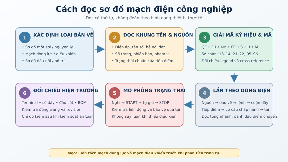 Cách đọc sơ đồ mạch điện công nghiệp Quy trình sáu bước đọc và kiểm tra sơ đồ mạch điện công nghiệp.