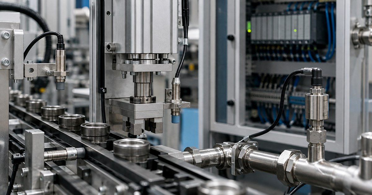 Cảm biến công nghiệp trên dây chuyền tự động Cảm biến tiệm cận và cảm biến áp suất lắp trên dây chuyền sản xuất tự động