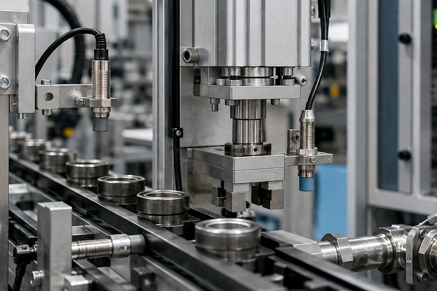 Cảm biến tiệm cận trong máy công nghiệp Cảm biến công nghiệp tiệm cận hình trụ phát hiện chi tiết kim loại trên băng tải