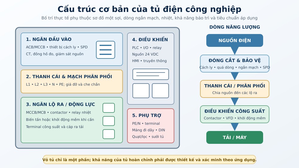 Cấu trúc tham khảo và dòng năng lượng qua tủ điện công nghiệp.