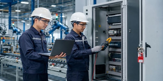 Kỹ sư và kỹ thuật viên phối hợp kiểm tra hệ thống điều khiển trong nhà máy. Kỹ sư và kỹ thuật viên phối hợp kiểm tra hệ thống điều khiển trong nhà máy.