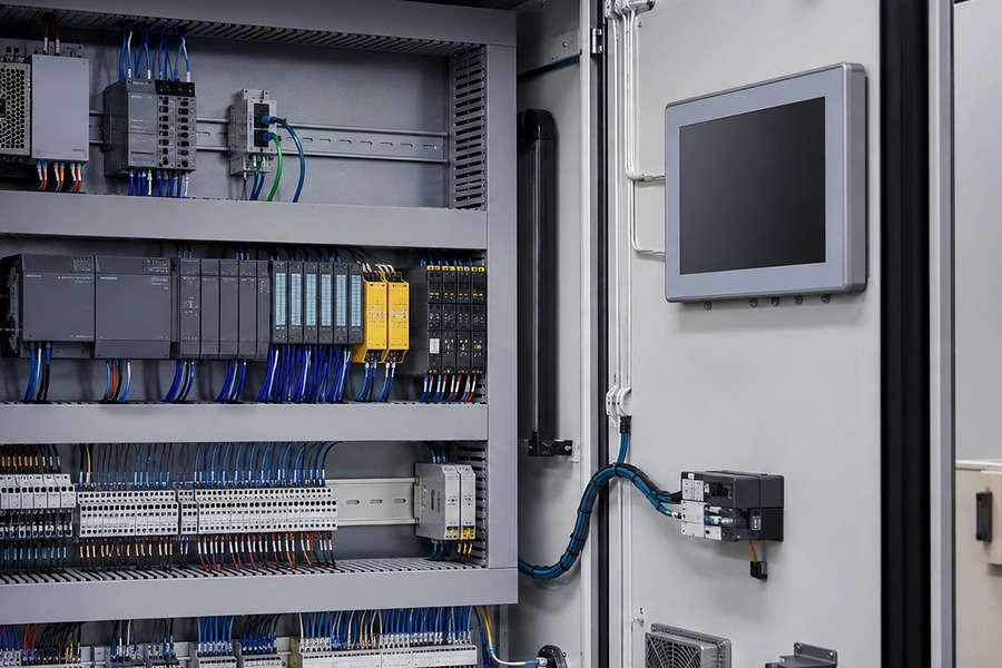 bộ điều khiển PLC module I O terminal và HMI được đấu nối gọn trong tủ điện
