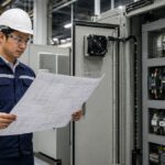 Kỹ sư điện công nghiệp đọc bản vẽ sơ đồ bên cạnh tủ điều khiển trong nhà máy