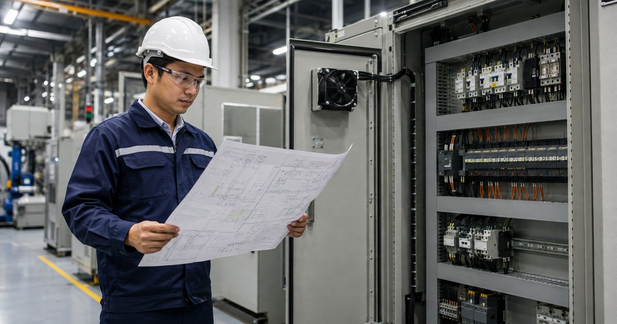 Kỹ sư đọc sơ đồ mạch điện công nghiệp Kỹ sư điện công nghiệp đọc bản vẽ sơ đồ bên cạnh tủ điều khiển trong nhà máy