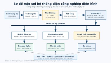 Sơ đồ một sợi hệ thống điện công nghiệp Sơ đồ một sợi khái quát từ nguồn trung áp đến các nhánh động lực và phân phối.