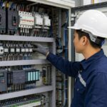 Kỹ sư kiểm tra aptomat, contactor, PLC và biến tần trong tủ điện công nghiệp