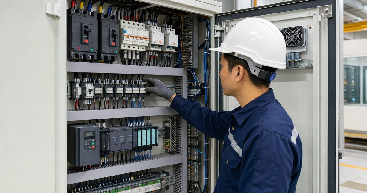 thiết bị điện công nghiệp Kỹ sư kiểm tra aptomat, contactor, PLC và biến tần trong tủ điện công nghiệp