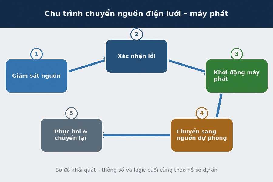 Tủ điện ATS là gì? Nguyên lý hoạt động, cấu tạo và cách chọn Chu trình chuyển nguồn điện lưới – máy phát