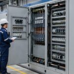 Dãy tủ điện công nghiệp hiện đại với ngăn phân phối và điều khiển được bố trí gọn trong nhà máy
