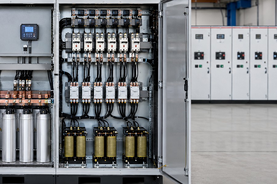 Tụ bù và cuộn kháng lọc sóng hài Các cấp tụ bù, contactor và cuộn kháng được bố trí trong tủ điện