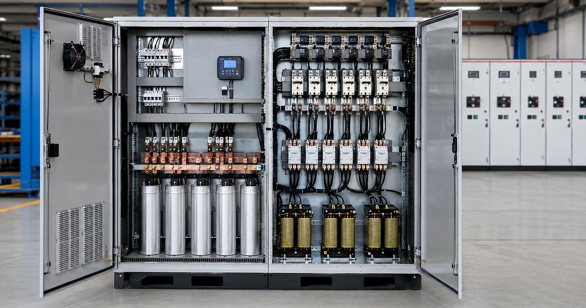 Tủ tụ bù công nghiệp tự động Tủ tụ bù công nghiệp gồm bộ điều khiển, contactor, tụ điện và cuộn kháng