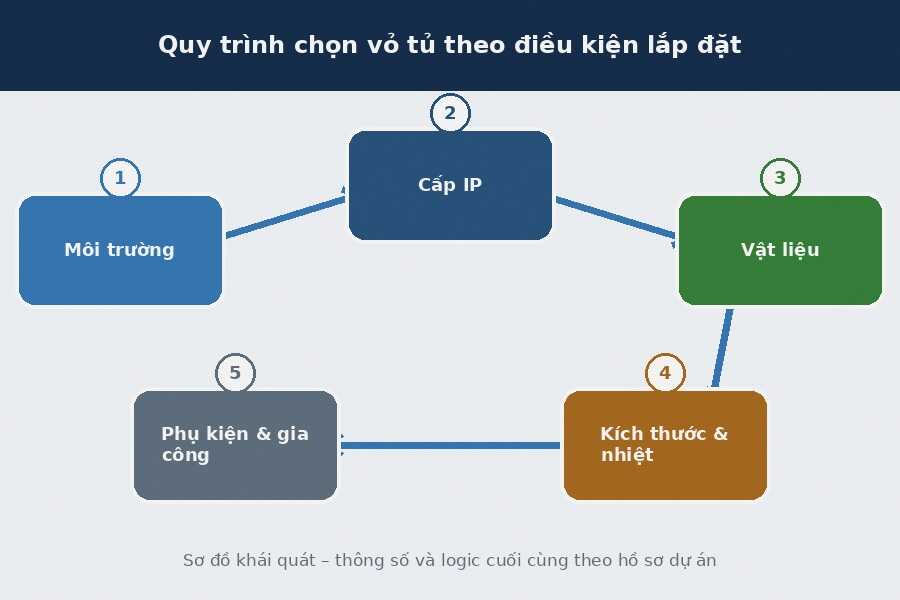 Vỏ tủ điện: Ngoài trời, âm tường, inox 304, kích thước Quy trình chọn vỏ tủ theo điều kiện lắp đặt.