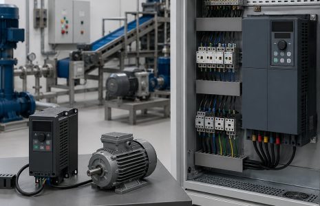 Biến tần công nghiệp điều khiển động cơ Biến tần công nghiệp kết nối động cơ, bơm và tủ điều khiển trong nhà máy