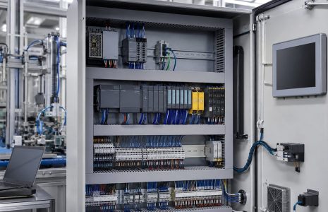 Bộ điều khiển PLC trong hệ thống tự động hóa PLC, module I O, nguồn 24VDC và HMI trong tủ điều khiển dây chuyền