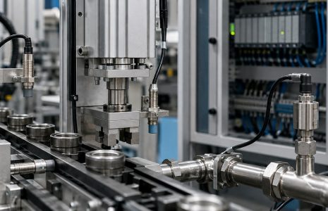 Cảm biến công nghiệp trên dây chuyền tự động Cảm biến tiệm cận và cảm biến áp suất lắp trên dây chuyền sản xuất tự động
