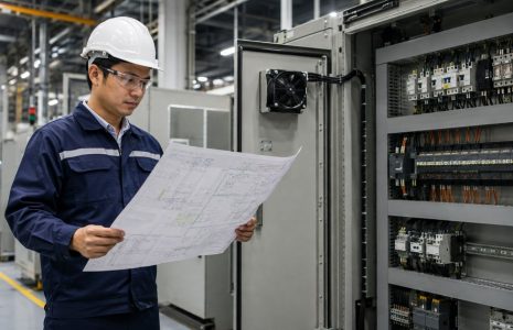 Kỹ sư đọc sơ đồ mạch điện công nghiệp Kỹ sư điện công nghiệp đọc bản vẽ sơ đồ bên cạnh tủ điều khiển trong nhà máy