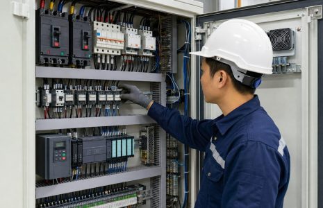 thiết bị điện công nghiệp Kỹ sư kiểm tra aptomat, contactor, PLC và biến tần trong tủ điện công nghiệp