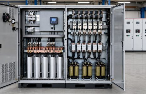 Tủ tụ bù công nghiệp tự động Tủ tụ bù công nghiệp gồm bộ điều khiển, contactor, tụ điện và cuộn kháng
